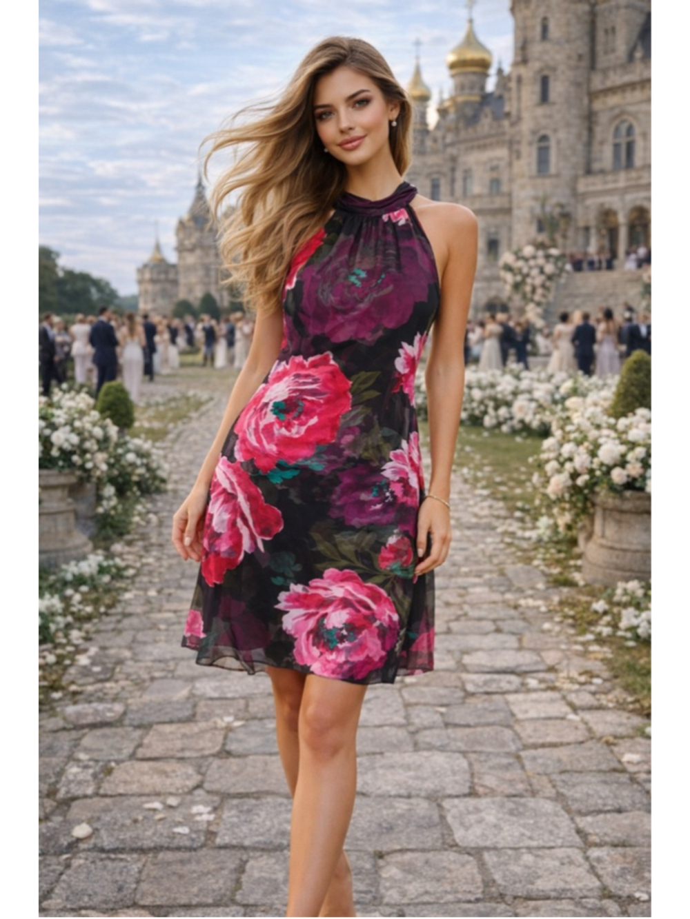 London Times Floral Halter Dress Pink Rose Black Knee Romantic Coquette Parisian